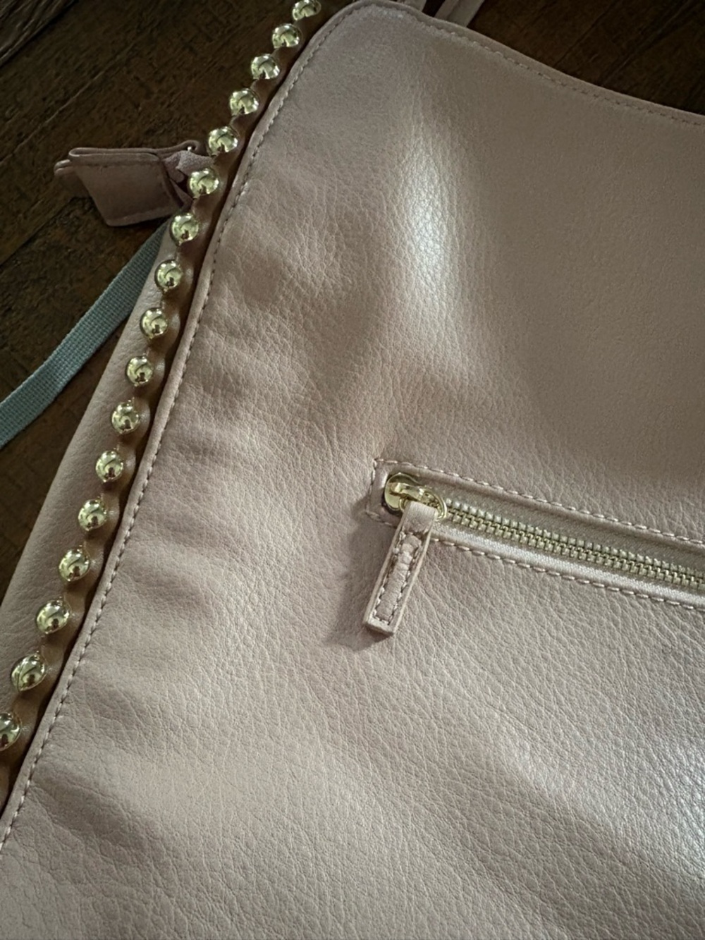 Women’s Leather Shoulder Bag in Blush Pink with Gold Bead Trim - Picture 2 of 7